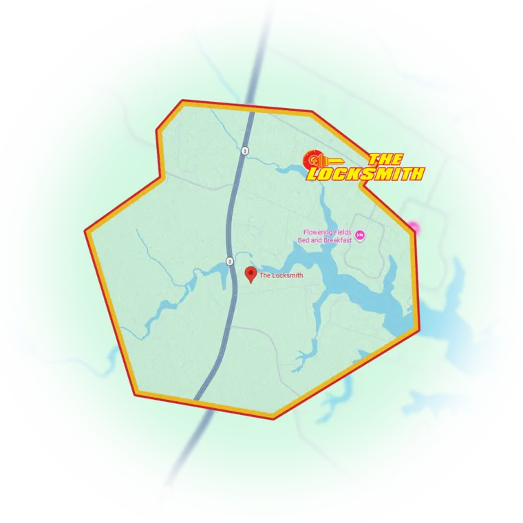 Map of The Locksmith's service area, based in White Stone, Virginia
